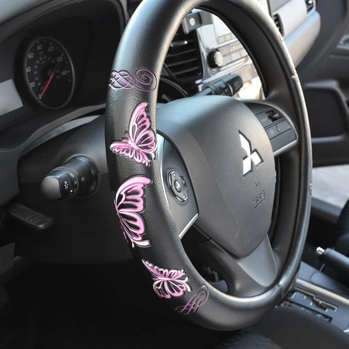 BDK Design Comfort Grip Steering Wheel Cover for Car SUV Van and Truck, 15 inch Standard Size, Pink Butterflies