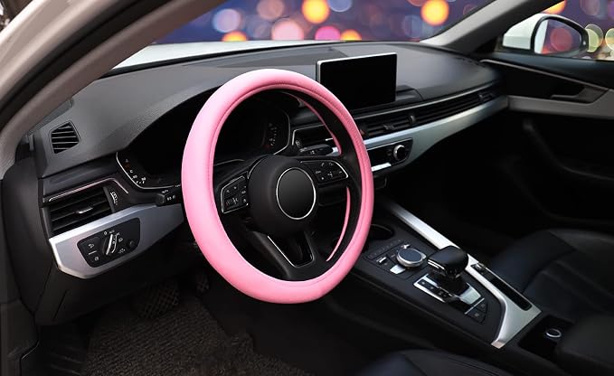 ZHOL Pink Steering Wheel Cover, Universal 15 inch Microfiber Breathable Ice Silk Anti-Slip Car Wheel Protector, Warm in Winter Cool in Summer