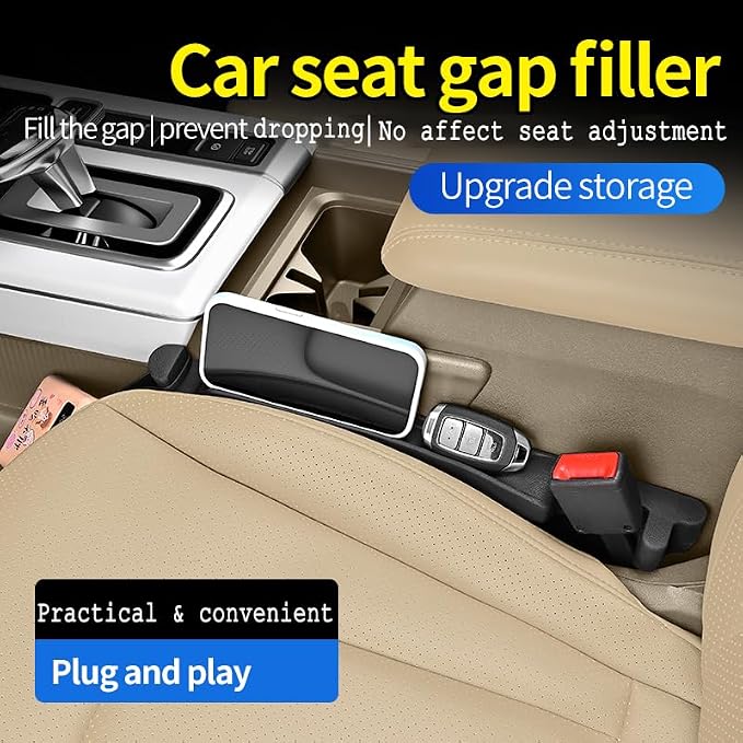 YLXGT Car Seat Gap Filler 2 Pack Universal for Car SUV Truck Accessories, 3in1 Soft Seat Gap Plug Blocker with Storage Slot Organizer and Hook Black
