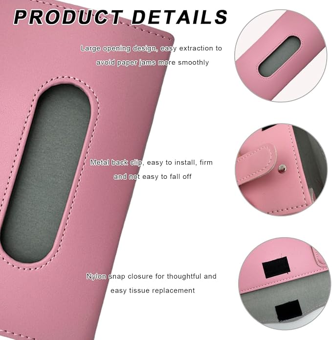 Car Tissue Holder, Vehicle Sun Visor Napkin Box Hanging Paper Towel Dispenser with Tissues Refill, Leather Backseat Paper Towel Case Visor Napkin Storage Holder for Most Cars (Pink)