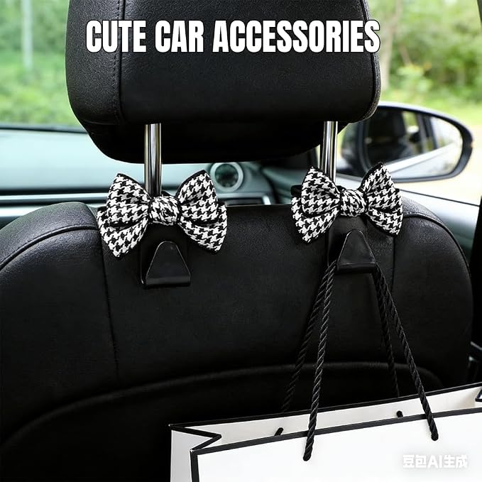 2PCS Car Seat Headrest Hooks, Car Purse Hook, Cute Bow Knot Vehicle Seatback Hanging Storage Organizer, Auto Seatback Decor Organizer Hanger for SUV Truck (Small Houndstooth/Black)