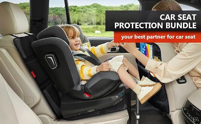 Kaiphy Car Seat Protector with Thick Padding + XL Large Car Seat Cover for Child Car seat, Eco Friendly Waterproof & Durable Fabric + 2 Storage Pockets Protect Fabric or Leather Seats 2Pack (Black)