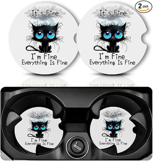 Balck Cat Anti Slip Rubber Car Cup Mat with Finger Notch, 2 Pack Car Coasters for Cup Holders