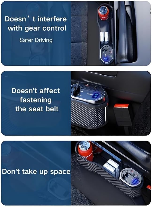 5 in 1 Car Seat Gap Filler Organizer with Wireless Charger | Cup Holder, Cigarette Lighter, Retractable Charging Cords, iOS Type-C USB Port, Fast Charge Storage Box