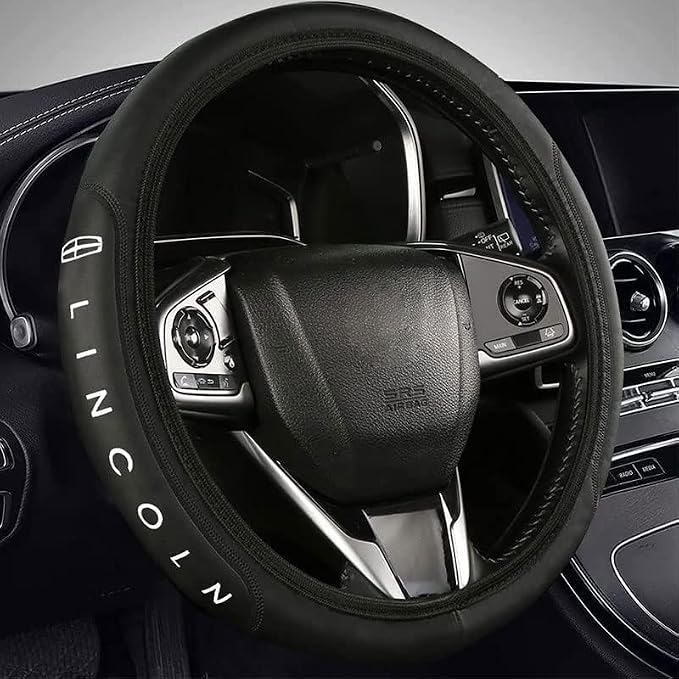 Car Steering Wheel Cover, Leather, Anti-Slip Lining, Universal for Lincoln, 14.5-15 Inch, Black