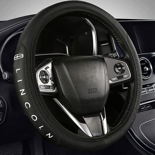 Car Steering Wheel Cover, Leather, Anti-Slip Lining, Universal for Lincoln, 14.5-15 Inch, Black