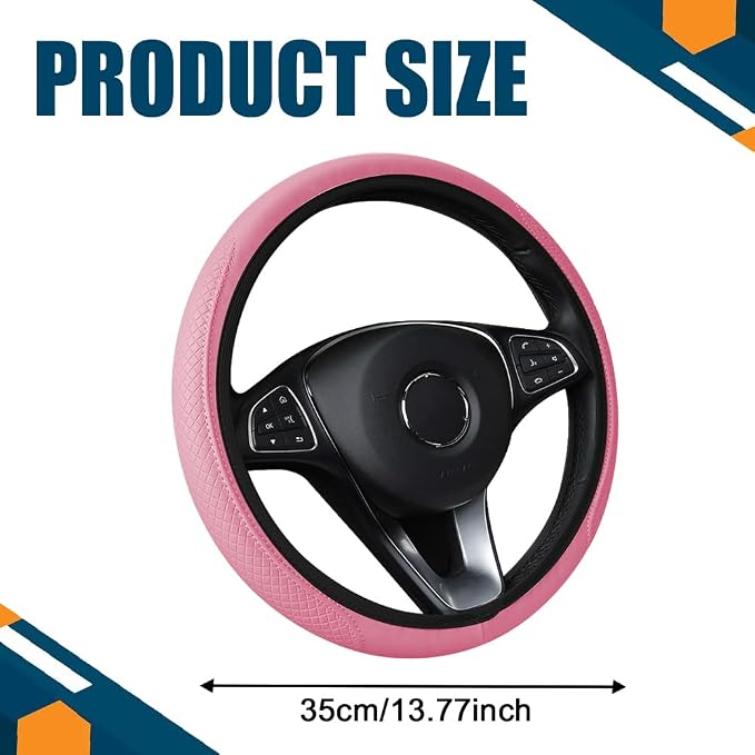 Car Steering Wheel Cover, Universal 14.5-15 Inch Pink Leather Steering Wheel Wrap with Better Sport Grip for Men Women, Anti-Slip Breathable Car Interior Accessories for Most Vehicles (Pink2)