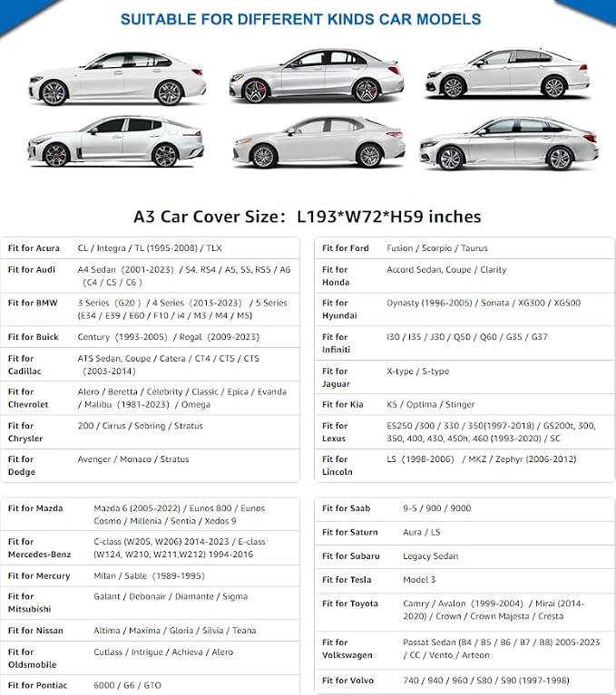 KouKou 6 Layers Car Cover Waterproof All Weather for Automobiles, Fit Sedan Toyota Camry, Honda Accord, Avalon, Civic, Nissan Altima, Maxima, Audi a4, a5, Tesla Model 3 etc.(185 to 193 inches)