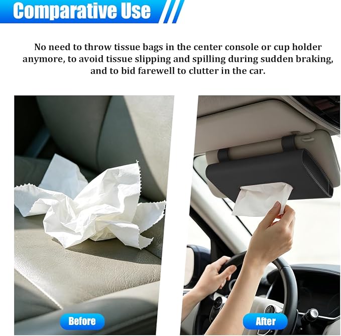 Car Tissue Holder, Rectangle Vehicle Sun Visor Napkin Case with Ergonomic Take Out Port, Automotive Interior Sunshade Tissue Box Organizer, Universal for SUV RV Truck (Black)