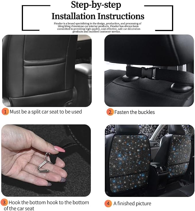 Diamond Bling Car Seat Kick Mats with Storage – Back Seat Protectors with Sparkly Rhinestones for Girls & Women, Crystal Kick Covers for Automotive Interior Accessories Black 2pcs
