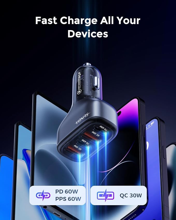 SUNDA 120W USB C Fast Car Charger, 4-Ports Car Charger Adapter, Dual Type C PD60W/PPS60W Compatible with iPhone15/14 Pro/Max/iPhone13/Galaxy/SamsungS23, Dual USB-A 18W QC3.0 for Android(Gray)