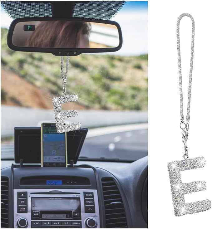 Bling Car Rear View Mirror Letter Charm, Crystal Rhinestone Rear View Mirror Hanging Ornament, Automotive Interior Rearview Mirrors Decoration Accessories, Universal for Vehicles(E)