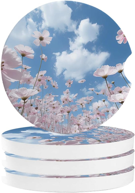 Small Coasters for Cup Holders 2.6" Dia Absorbent Set of 4 Car Interior Accessories for Women Men Ceramic Coaster for Drinks With Finger Grooves, Blue Sky Clouds Pink Flowers