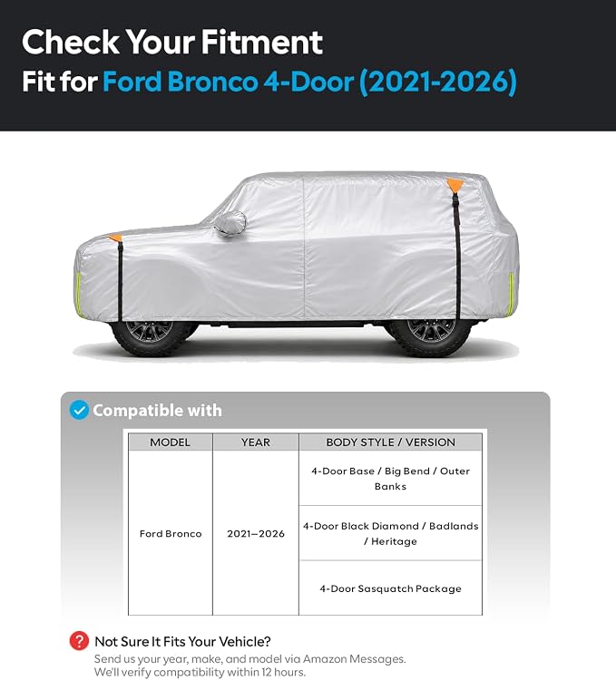 Wigoo Ford Bronco 4-Door Car Cover Accessories 2021-2026, Custom Fit Waterproof All Weather Outdoor Indoor Full SUV Cover, Windproof Sun UV Rain Snow Dust Protection, Door Zipper, Reflective Strips