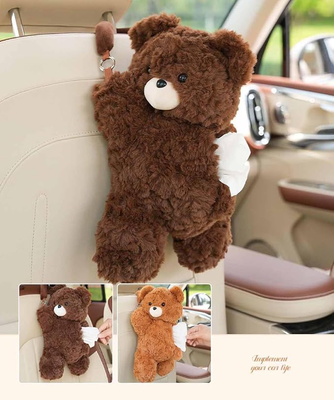 Tissue Box Cover Plush Tissue Box Holder for Car, Home, Decorative Holder/Organizer for Bathroom Vanity Countertop, Nightstands, Office Desk- Deep Brown Bear