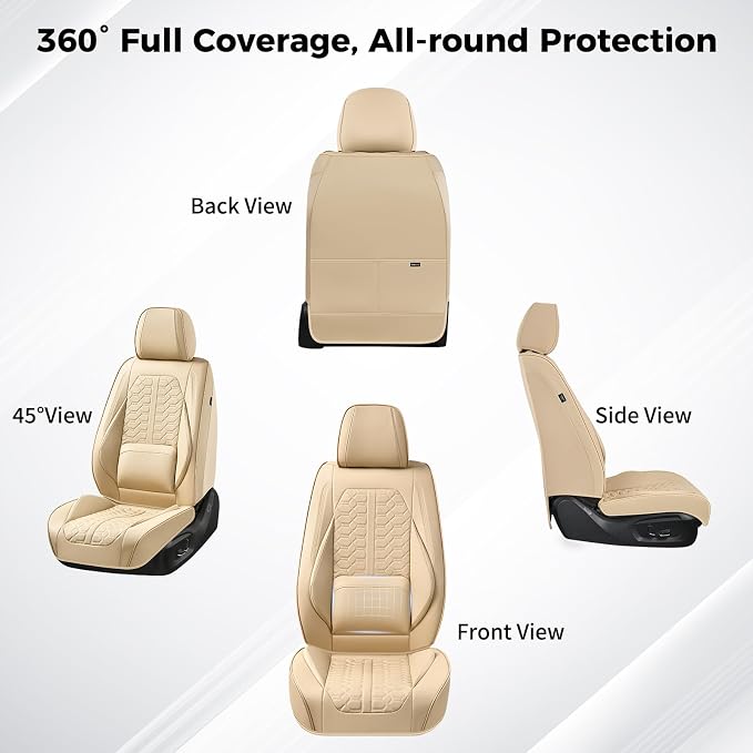Huidasource Car Seat Covers, Beige Seat Covers Nappa Leather, Waterproof Automotive Seat Covers, Universal Seat Covers Full Set with Lumbar Support Fit for Most Cars SUV Trucks