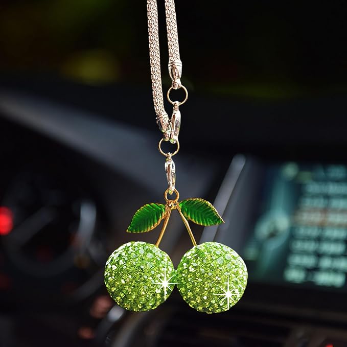 Bling Cherry Car Hanging Ornament, Cute Crystal Rear View Mirror Pendant, Sparkly Diamond Rearview Mirror Charms, Lucky Car Interior Decor Accessories (Green)