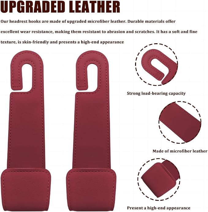 2PCS Car Seat Headrest Hooks, Purse Hook for Car, Automotive Headrest Handbags Holder, Auto Accessories Leather Seatback Organizer Hanger for Hanging Purses Bags Coats (Red, 2PCS)