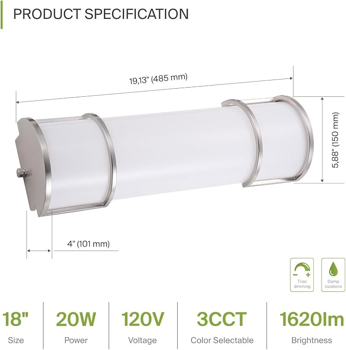 ASD LED 18" Vanity Flush Mount Light Fixture, Linear Bathroom Lighting Bar | 3CCT, Dimmable, Energy Star, ETL Listed | 20W 1650LM 3000-5000K 120V | Long Tube Bath Wall Sconce Over Mirror | Nickel