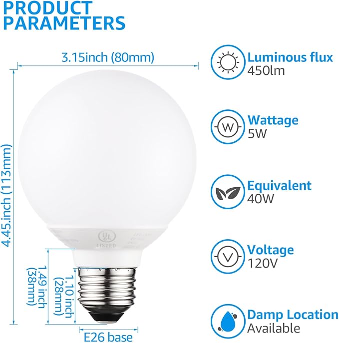 TORCHSTAR 12-Pack G25 LED Light Bulbs, 5W 450LM, Dimmable, 5000K | UL Listed, 40W Equivalent Daylight Vanity Globe Round Bulbs, E26 Base Decorative Bulb, for Bathroom Vanity or Mirror