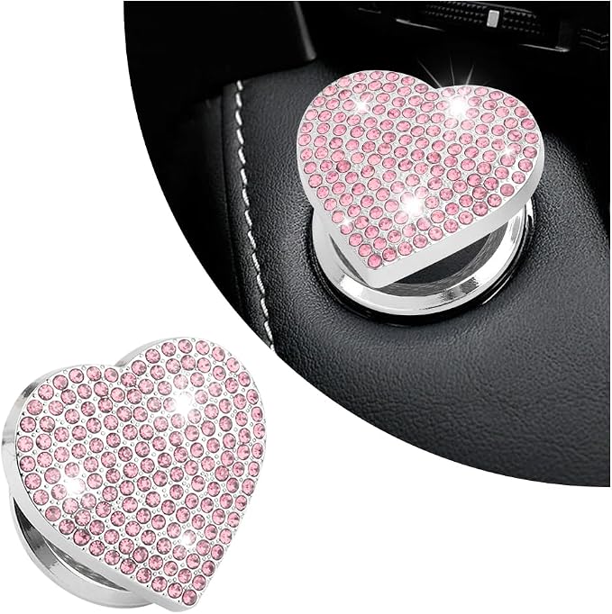 Bling Push Start Button Cover with Rhinestone,Heart Push to Start Button Cover for Car Decor,Diamond Engine Start Buttons Cover Car Accessories Interior for Women & Girl (Pink)