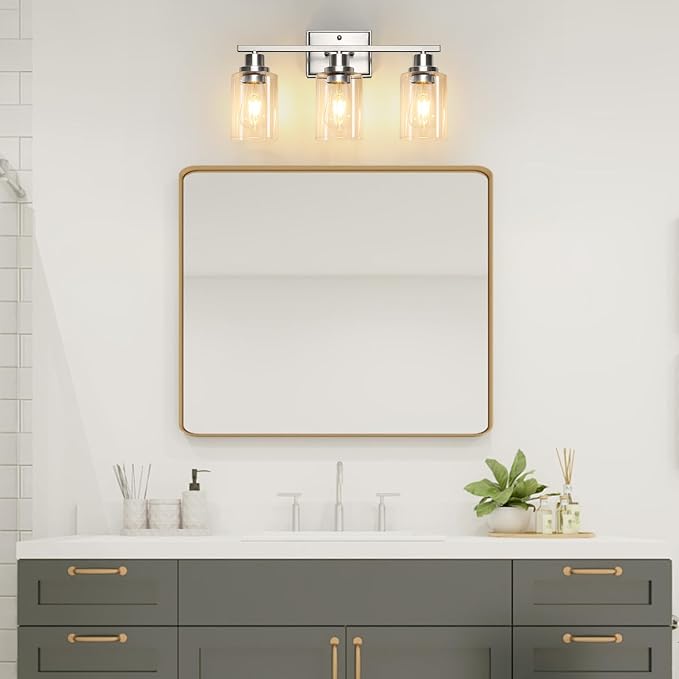 Unicozin 3 Light Bathroom Light Fixtures, Modern Vanity Lights Over Mirror, Brushed Nickel Wall Lamp with Clear Glass for Living Room Cabinet Bedroom Porch