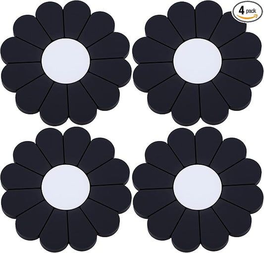 4-Pack Car Cup Holder Coaster Inserts, Daisy Shape, 2.75 Inch Non-Slip Silicone Cup Holder Insert, Universal Non-Slip Cup Holders, Car Accessories Interior for Women and Man (Black)