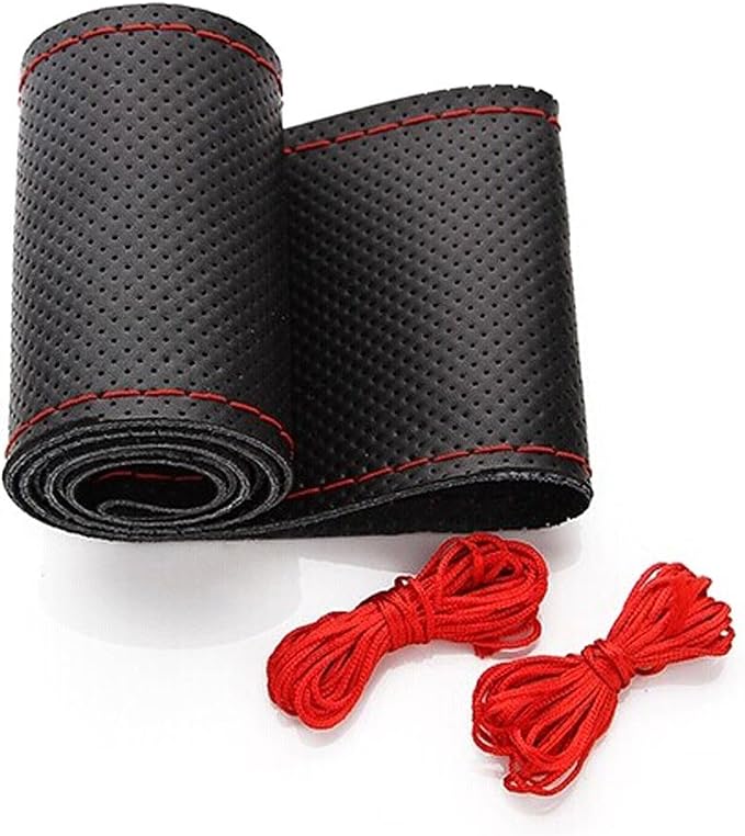 Belinous Perforated Leather Car Steering Wheel Cover (Size M5, Black & Red) | Stitch On Wrap, Universal fit 13-20 Inch, Whole Piece of Cowhide, DIY w/Needle Thread, Breathable Anti-Slip Design