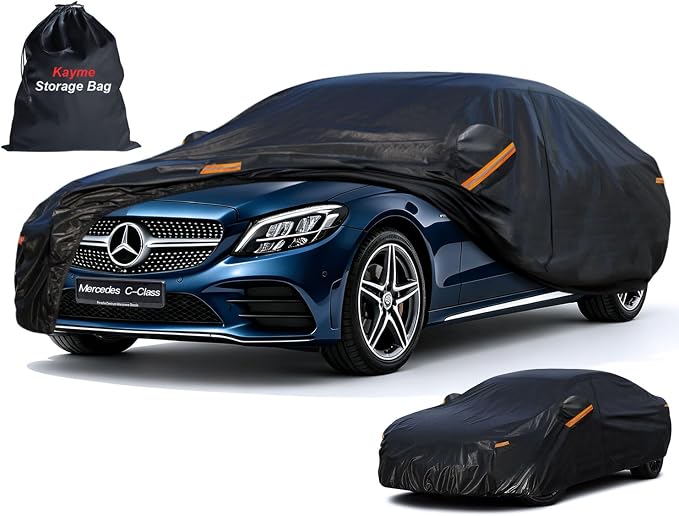 Kayme 7 Layers Sedan Car Cover Custom Fit for Mercedes Benz C Class, C300 C350 C400 C450 C43 C63 (2008-2026), Waterproof All Weather for Automobiles,Rain Sun UV Protection.Black