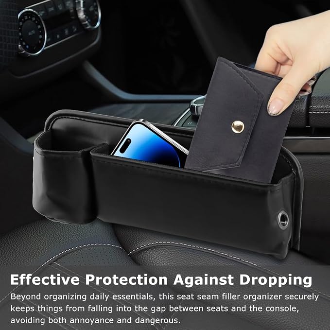 2-Pack Car Seat Gap Filler Organizer, Leather Storage Box with Cup Holder for Driver & Passenger Side, Gap Bag Front Seat Car Storage Accessories for Phone Keys Sunglasses Wallet(COLOR:Black)