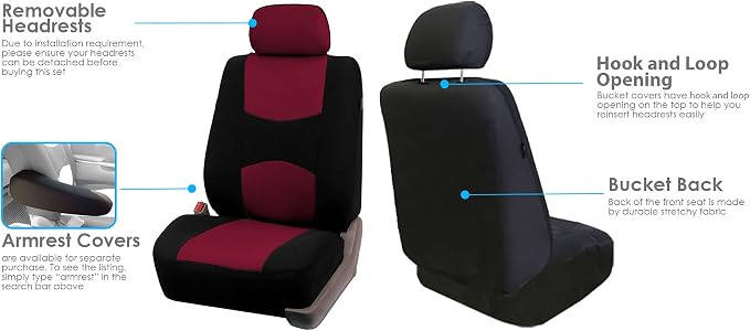 FH Group Cloth Car Seat Covers Set, Universal Fit Burgundy - Low Back Front, Solid Rear, Washable, for SUV, Sedan & Van