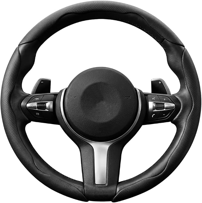 3PCS Car Steering Wheel Cover, 14.5-15" Breathable Nappa Leather Segmented Steering Wheel Protector with Non-Slip Grip, Stylish Auto Interior Decor Accessories, Universal for Vehicles (Black)