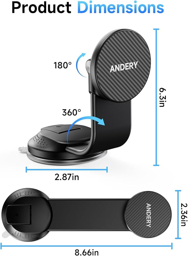 ANDERY Only for iPhone Magsafe Car Mount [360° Adjustable Memory Alloy Arm | 2400gf Strong Magnetic Power] Bendable Phone Holders for Your Car, Car Phone Holder with Dashboard Pad, for iPhone 17-12
