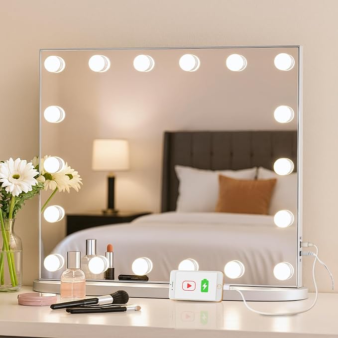 LUXFURNI Vanity Mirror with Lights, 23.6" Hollywood Makeup Mirror Silver | 18 Surround LED Bulbs, 360° Shadow-Free Lighting, 3 Color Modes, USB Charging, Tabletop & Wall Mount for Bedroom Dorm Desk