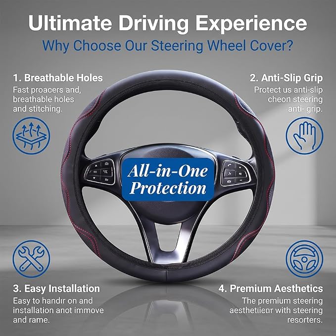 Elastic Steering Wheel Cover Black and Red Universal 14-15 inch | Leather Car Steering Wheel Covers Stretch Microfiber Breathable Anti-Slip Car Accessories Fit for Suvs, Vans, Trucks
