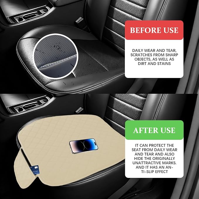 Leather Front Car Seat Cover, Anti-Slip Car Seat Bottom Covers, Full Wrapped Bottom Seat Protectors with Storage Pocket, Universal Comfortable Seat Cushion Fit Vehicles SUVs Trucks (K2-Beige)