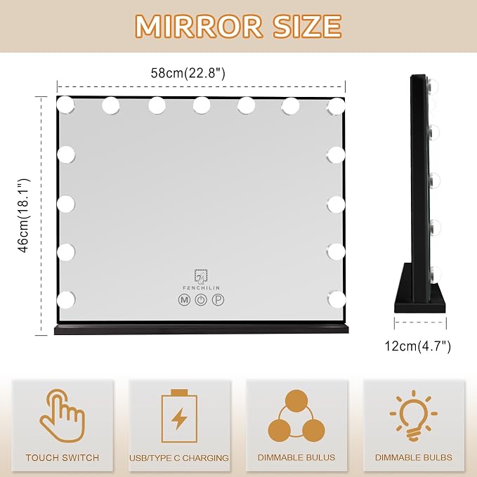 FENCHILIN Vanity Mirror with Lights 22.8''x 18.1'', Hollywood Lighted Mirror with Dimmer Bulbs, Vanity Makeup Mirror Smart Touch Control, Tabletop, Black