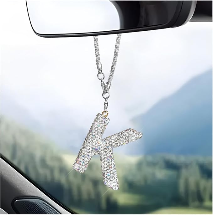 DXNQ Bling Initial Car Rear View Mirror Ornament, Crystal Sparkling Cute Letter Charm Pendant Auto Decor, Hanging Lucky Diamond Initial Charm Car Mirror Bag Ornament for Girl Women (Letter K)