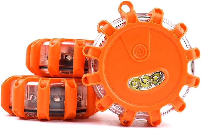 AUTOXBERT 3 PCS LED Road Flares Flashing Warning Lights Roadside Safety Emergency Disc Beacon with Magnetic Base & Hook for Car Truck or Marine Boat