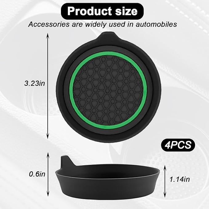 HZEL Car Cup Holder Coasters, 4PCS Non Slip Waterproof Vehicle Water Bottle Pads, Recessed Automotive Interior Drink Mat Decoration Accessories, Universal for SUV Sedan Truck (Green/Black)