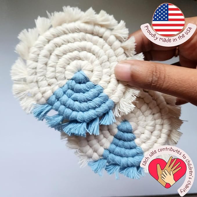 Cotton Car Coasters for Cup Holders, 2PC Car Cup Coasters, Drink Coaster Holder, Cute cupholder Coaster Accessories for Women, Macrame, Boho (Clear Sky)