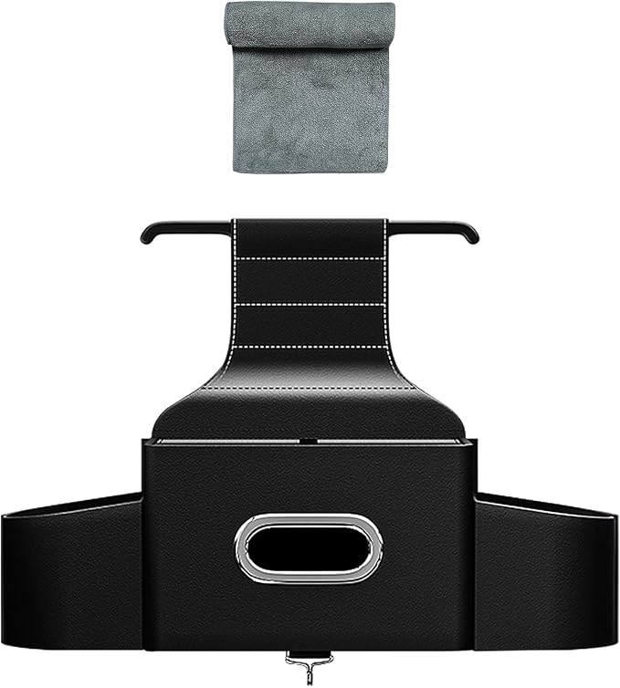 Back Seat Car Organizer with One Towel Leather Wood Materials (Black) | Tissue Box, 2 Drink Cup Holder, Phone Holder, Hook, Compatible with Most Vehicles