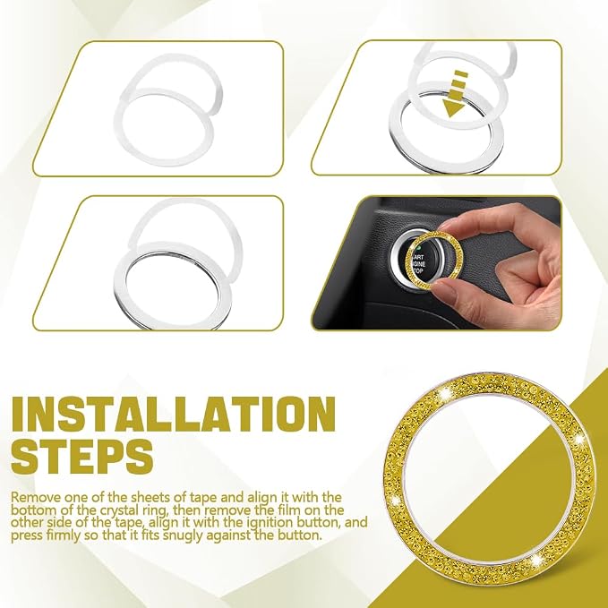 Bling Car Crystal Rhinestone Ring Emblem Sticker, Push to Start Button Cover/Sticker, Key Ignition Starter & Knob Ring, Car Interior Decoration Bling Car Accessories for Women