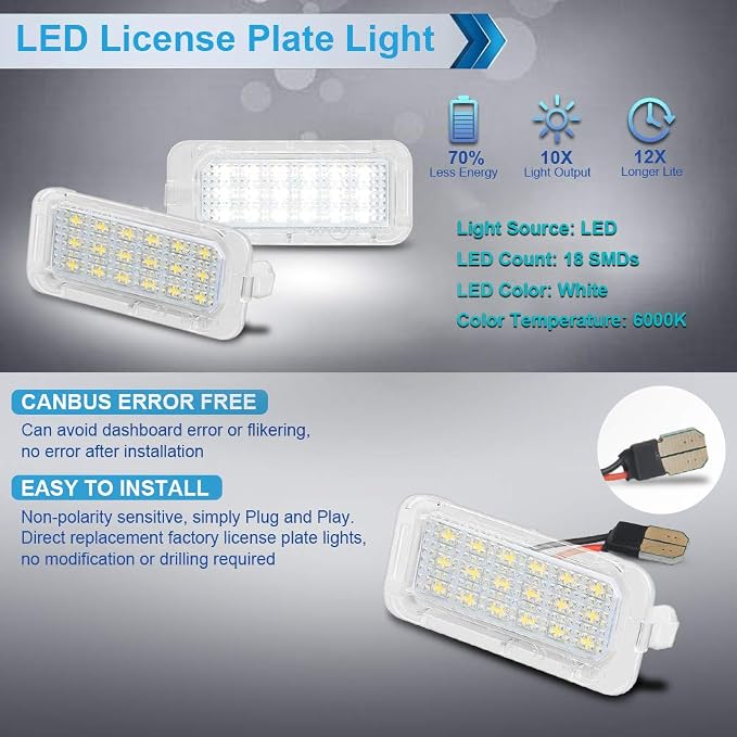 LED License Plate Light Lamp Assembly Compatible with Explorer Escape Fusion Fiesta Edge Expedition Lincoln MKC 6000K White, Pack of 2