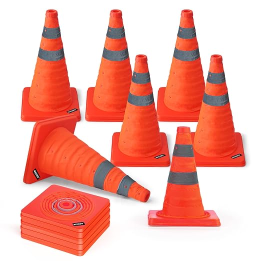 [10 Pack] 18 Inch Collapsible Traffic Safety Cones, Orange Cones, Multi Purpose Pop-up Cones with Reflective Collar, for Driving Practice,Road Parking,