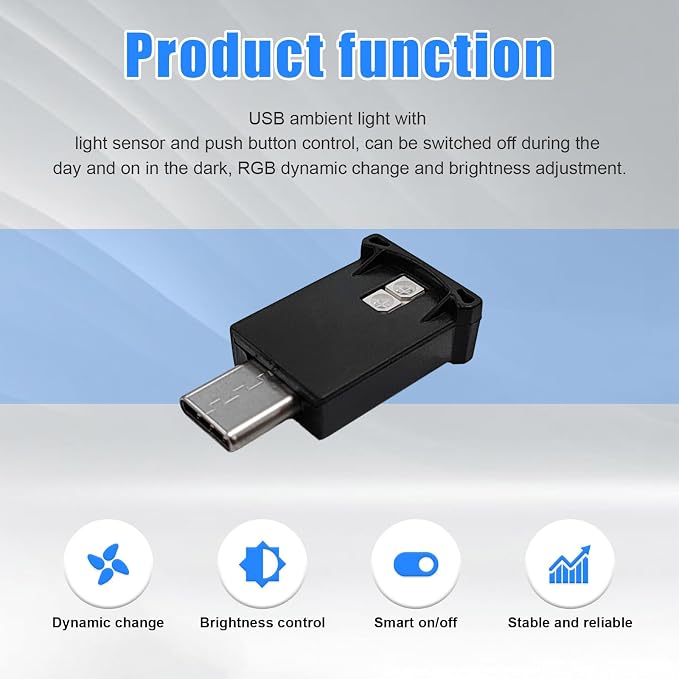 2 PCS USB Type C LED Ambient Light, 8 Colors RGB Dynamic Gradient Brightness Interior Atmosphere Lamp, Mini Adjustable Car Accessories Replace Lighting Parts for Home Laptop
