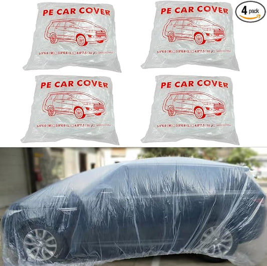 4 Packs Disposable Car Cover Clear Plastic Car Cover Universal Rain Dust Garage Cover with Elastic Band Medium (15.7FT x 24.6FT)