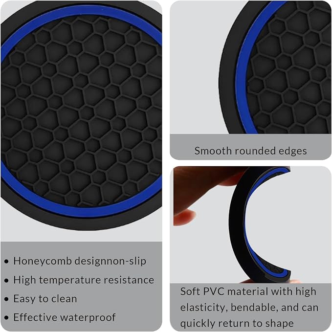 Car Cup Holder Coasters, Dustproof Automotive Interior Accessories Mat,2.75 Inch Non-Slip Insert Water Bottle Holder Pads, Universal for Vehicles, Trucks, RVs and More (Black/Blue, 2PCS)