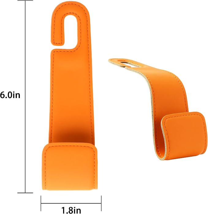 Leather Car headrest Hook for Purses and Bags (Orange, 2pcs) | Leather wrap hook with Larger strap holder, friendly to your leather purse. Strong load up to 44lbs.