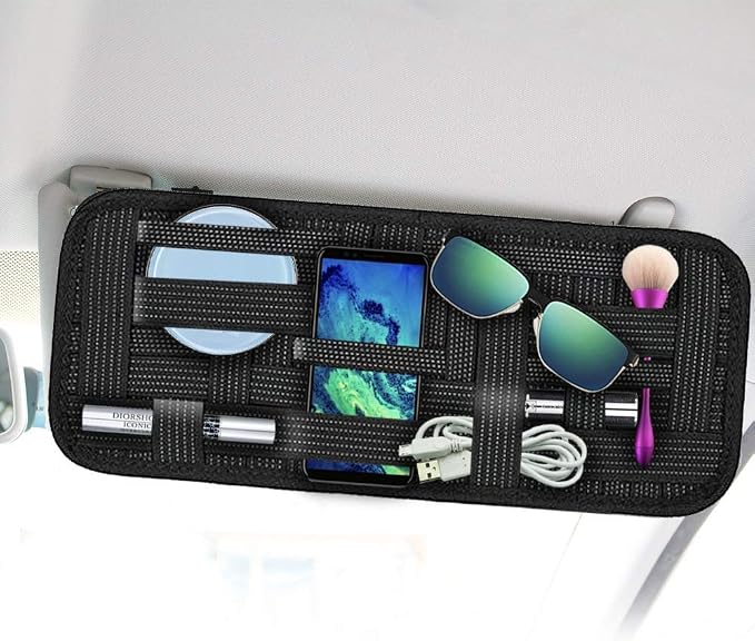 SourceTon 2 Packs Car Sun Visor Organizer, Car Visor Storage Anti-Slip Elastic Woven Board for Sunglass Holder Parking Fuel Card Digital Accessories